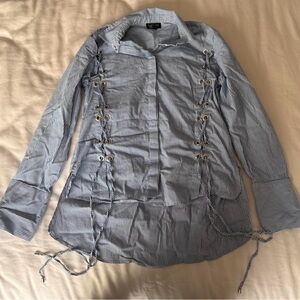 Topshop oversized blue and white striped button up shirt with  cute lace detail